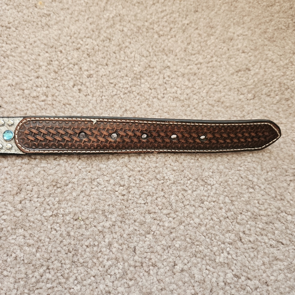 Nocona Youth Western Belt, Blue Silver On White Cowhide, Size 24 - Picture 5 of 5